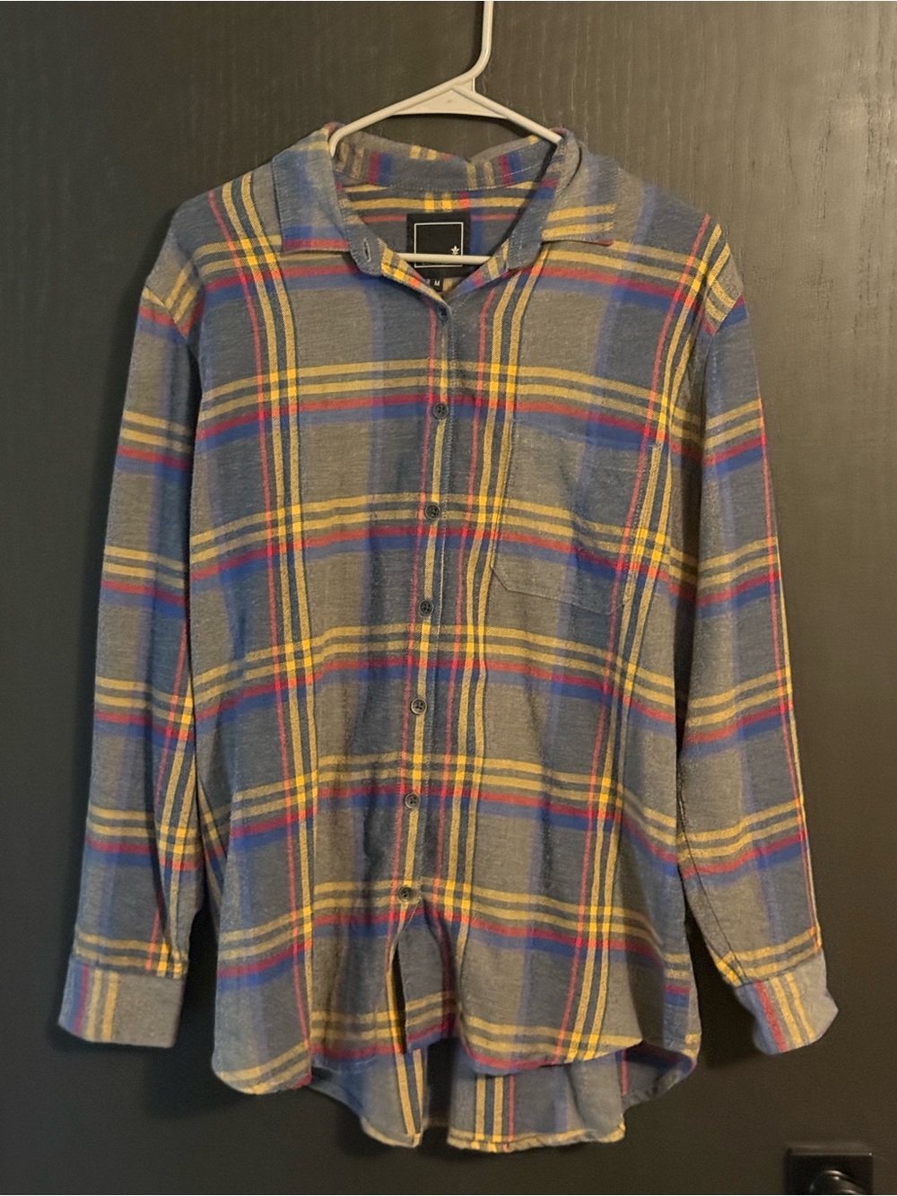 Women's Gray Plaid Button-Down Shirt with Yellow & Blue Accents